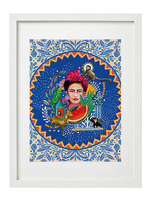 Frida Kahlo-Inspired Blue Digital Art on Paper