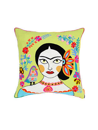 Frida Kahlo-Inspired Green Hand Crewel-Embroidered Cotton Cushion Cover (18in x 18in)