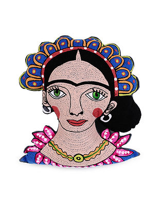 Frida Kahlo-Inspired Grey Hand Crewel-Embroidered Cotton Cushion Cover (18in x 10in)