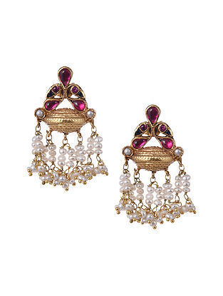 Maroon Gold Tone Silver Earrings With Pearls