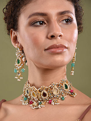 Multicolored Gold Tone Jadau Necklace With Earrings