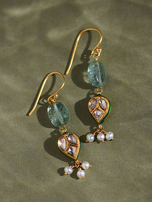 Gold And Diamond Polki Earrings With Emeralds And Pearls