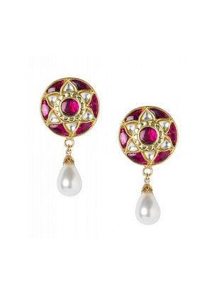 Maroon Gold Plated Kundan Sterling Silver Earrings with Pearls 