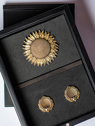 Gold Tone Handcrafted Brooch And Cufflinks Set
