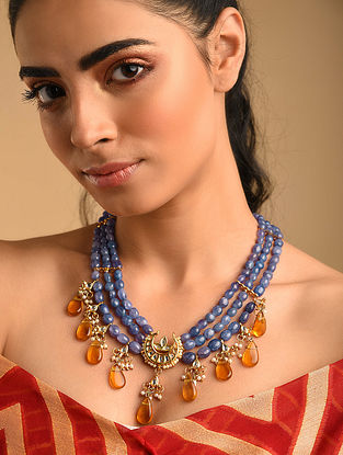 Blue Yellow Gold Plated Kundan Necklace With Topaz