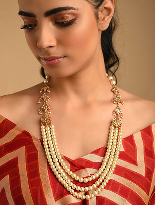 White Gold Plated Kundan Beaded Necklace