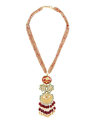 Red Gold Tone Kundan Beaded Necklace With Earrings
