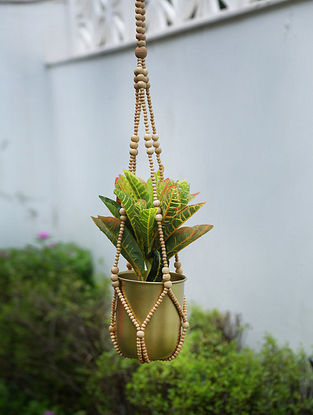 Natural Handcrafted Macrame Hanging Planter Holder with Wooden Beads (L - 7in, W - 7in, H - 36in)