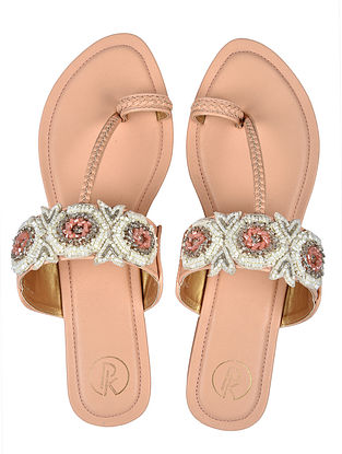 Peach White Handcrafted Faux Leather Kolhapuri Flats
