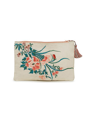 Multicolored Hand Embroidered Poly Dupion Silk Pouch