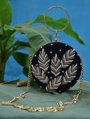 Black Gold Hand Embroidered Silk Clutch