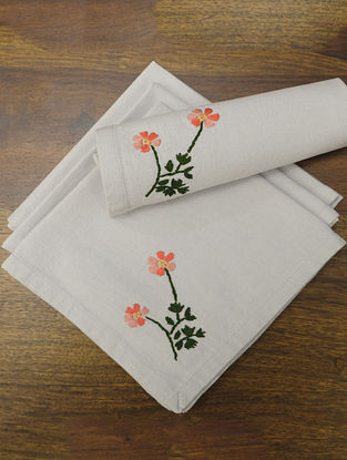 Light Grey Hand Embroidered Cotton Table Napkin (Set Of 4)