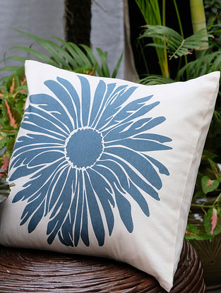 Dahlia Cream And Blue Printed Cotton Cushion Cover (16in x 16in)