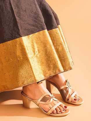 Light Gold Taupe Handcrafted Genuine Leather Block Heels