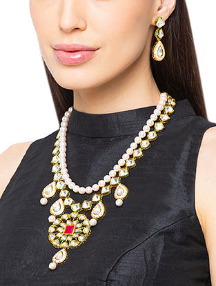 Pink Gold Tone Kundan Necklace And Earrings With Pearls
