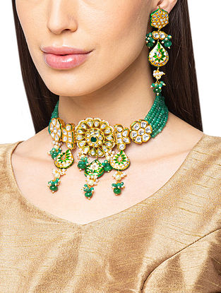 Green Gold Tone Kundan Enameled Necklace With Earrings 