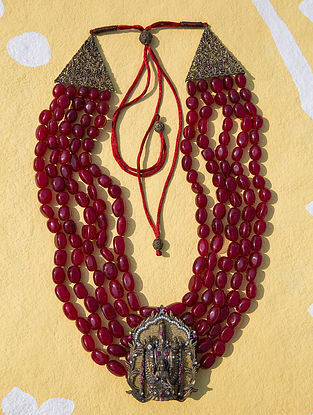 Maroon Gold Tone Temple Work Beaded Necklace For Men