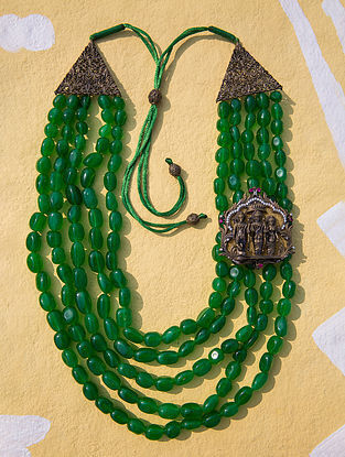 Green Gold Tone Temple Work Beaded Necklace For Men