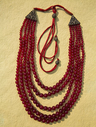 Maroon Beaded Layered Necklace For Men