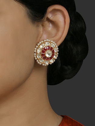 Maroon Gold Plated Vellore Polki Silver Earrings