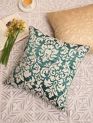 Teal Green Poly Dupion Festive Cushion Cover (L-16in,W-16in)