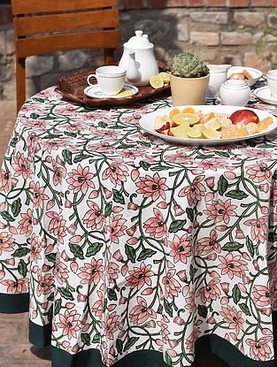 Pink And Green Handblock Printed Cotton Round Table Cover
