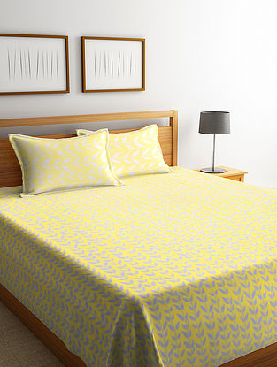 Yellow Cotton Double Bed Cover with 2 Pillow Covers (L-100in, W- 90in)