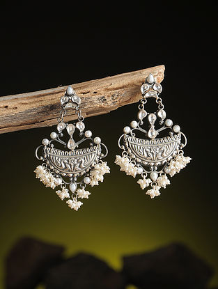 Pearl Kundan-inspired Silver Earrings with Floral Motif