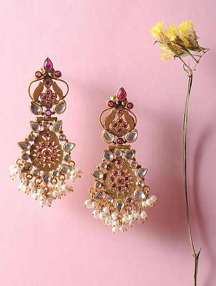 Kundan-inspired Gold Tone Silver Earrings with Fresh Water Pearls