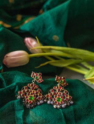 Maroon Green Gold Plated Silver Earrings