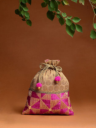 Gold-Pink Silk Phulkari Potli with Lace and Tassels