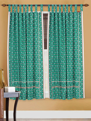 Green Hand Block-printed Cotton Curtain (55in x 59in)