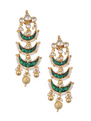 Green Kundan Inspired Gold Tone Brass Earrings