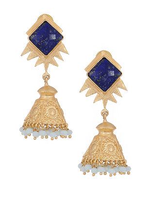 Blue Gold Tone Brass Jhumkis with Filigree Work