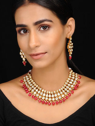 Red Gold Tone Kundan Inspired Layered Necklace With A Pair Of Earrings(Set of 2)