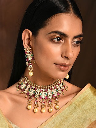 Pink Green Gold Tone Kundan Necklace with Earrings (Set of 2)