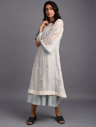 Natural Hand Block Printed Chanderi Kurta with Embroidery and Cotton Lining