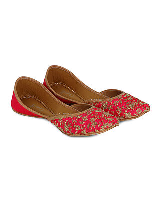 Pink-Gold Handcrafted Dupion Silk and Leather Juttis with Dori Jaal Work