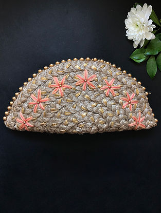 Brown Handcrafted Half Moon Clutch with Gota Patti