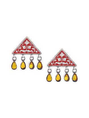 Yellow Red Enameled Glass Silver Earrings