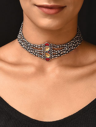 Yellow Red Glass Tribal Silver Necklace