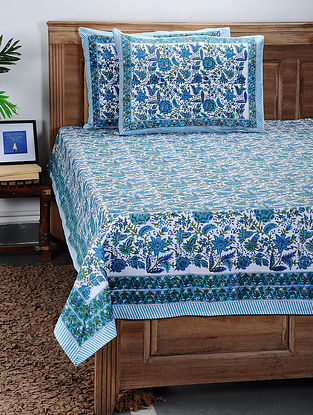 Blue-Green Block-Printed Cotton Double Bed Cover with Pillow Covers (Set Of 3)
