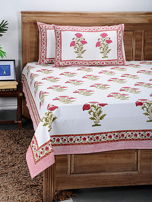 Red-Green Block-Printed Cotton Double Bed Cover with Pillow Covers (Set Of 3)