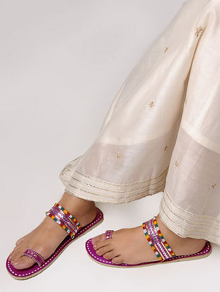 Pink Toe Ring Leather Flats with Tilla Embroidery