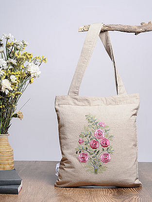 Beige-Multicolored Embroidered Cotton Tote Bag