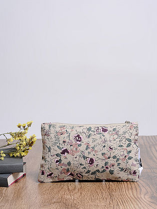 Beige-Multicolored Embroidered and Printed Cotton Pouch