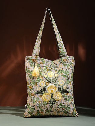 Beige-Yellow Embroidered Cotton Tote Bag
