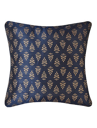 Navy-Golden Printed Dupion Silk Cushion Cover (16in x 16in)