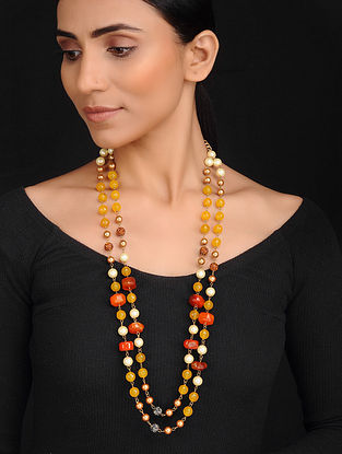 Orange Yellow Handcrafted Jade Quartz Onyx and Shell Pearl Beaded Necklace