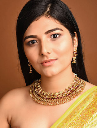Gold Tone Temple Work Necklace with Earrings